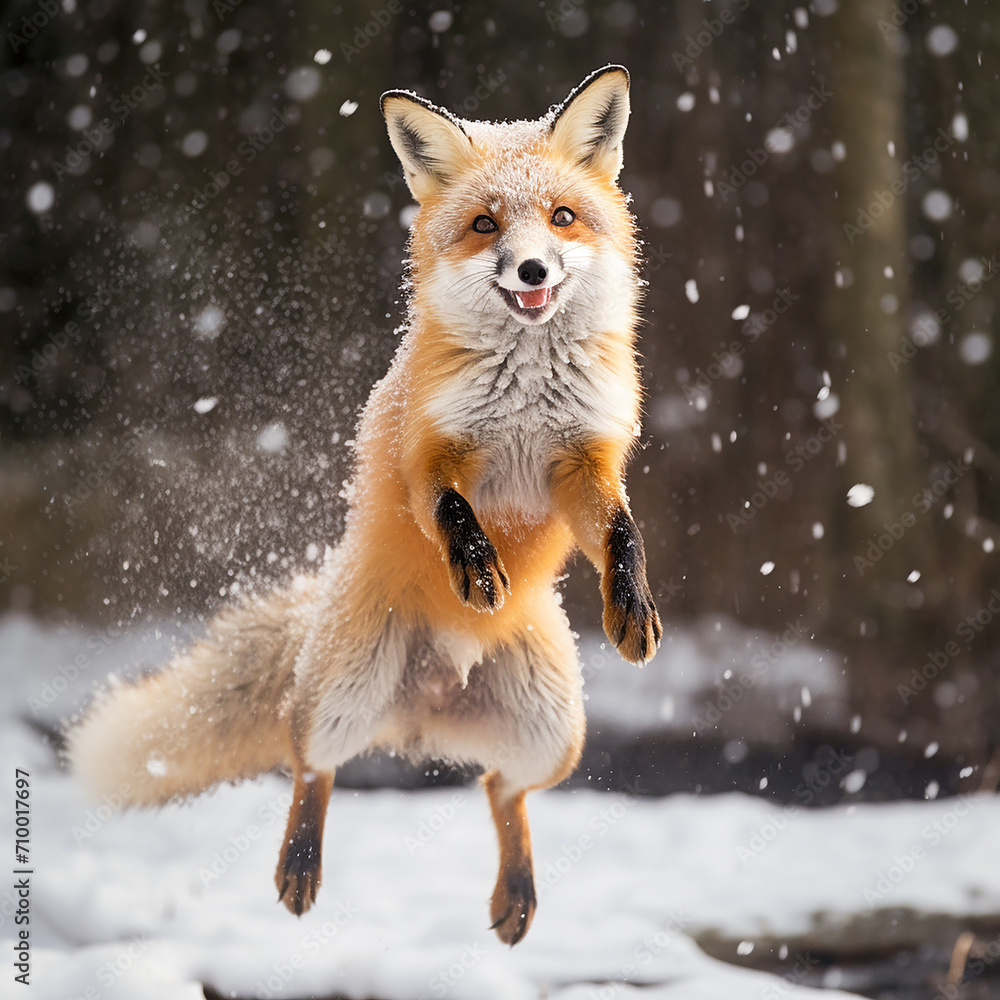 Red fox jumping in the winter forest. Beautiful animal in nature. Red fox jumping in the winter forest. Beautiful animal in nature.