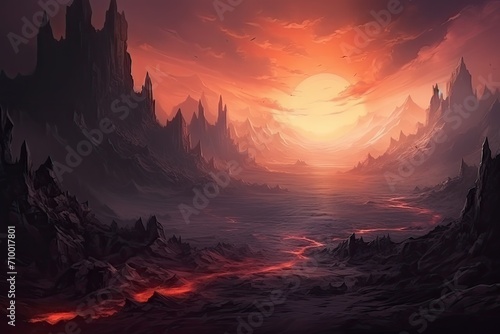 Surreal Fantasy Landscape with Lava and Sunset Sky