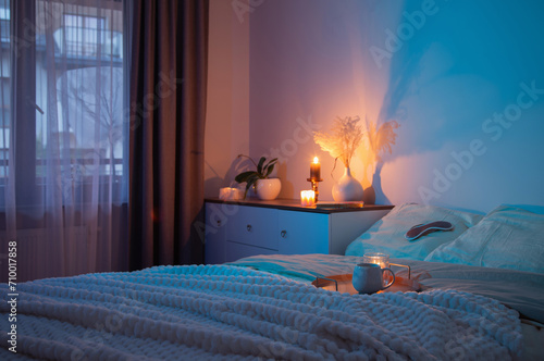 cup of tea in bedroom at night