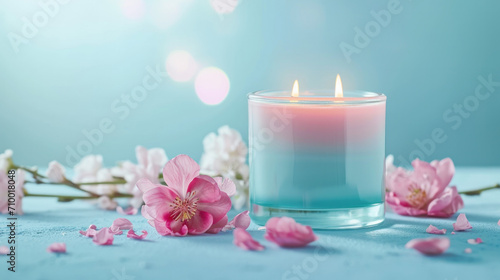 Romantic scene with burning candles and flowers, Romantic atmosphere, love concept, valentine's day banner 