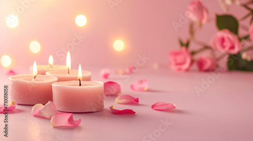 Romantic scene with burning candles and flowers  Romantic atmosphere  love concept  valentine s day banner 