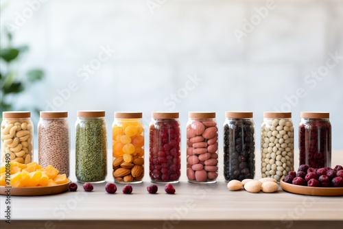 Vibrant food supplements on table with blurred background, perfect for text placement