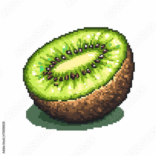 Pixelated art design of a sliced kiwi in half on a white background