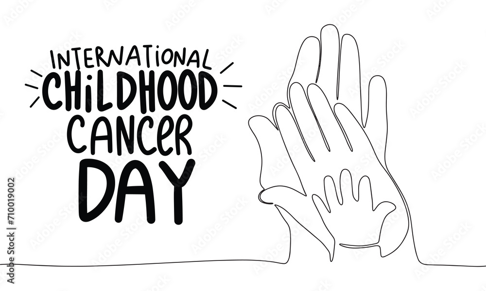 Obraz premium Text banner International Childhood Cancer Day. Handwriting text and line art palms of family. Hand drawn vector art