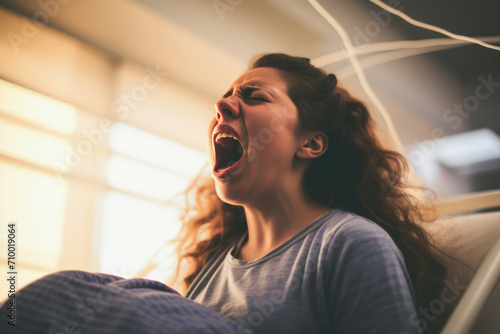 Woman screams in pain during contractions photo