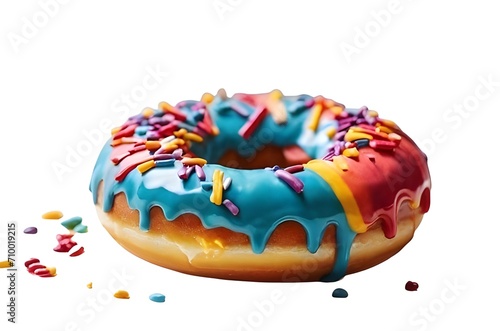 Closeup Rainbow Donut isolated. Break time with Doughnut side view on white background. Food photography concept 