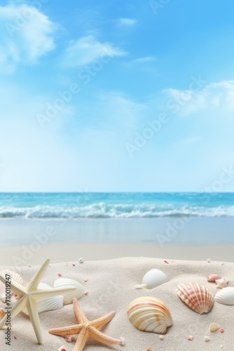 Seashells on the sand on the background of the sea