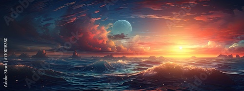 Fantasy sunset over ocean or sea. Beautiful sky