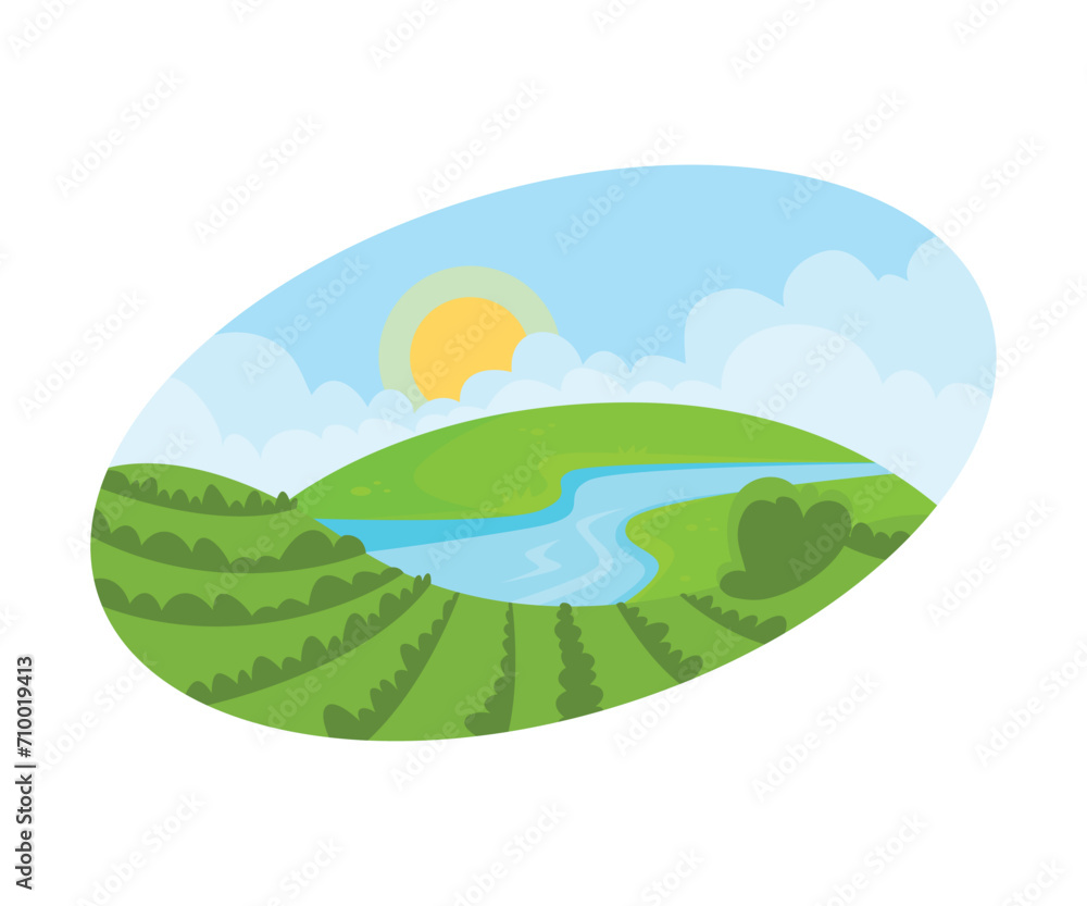 Green Farm Field and Pasture Scene Vector Illustration