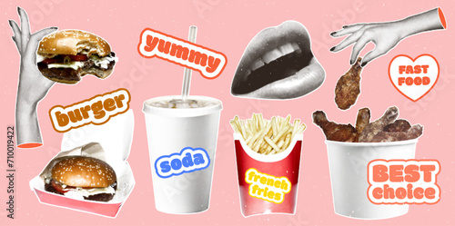 Set of fast food stickers with a halftone effect in a modern retro collage style. Burger in hand, french fries, soda, fried chicken legs in a bucket and other fast food elements in retro collage style