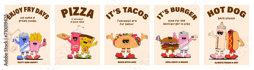 Set of Posters with fashionable retro cartoon fast food characters. Modern cartoon style. Mascots for bar, restaurant menu. Vector illustration.