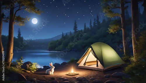 "A Quiet Night at the River's Edge: A Rabbit's Camping Adventure"