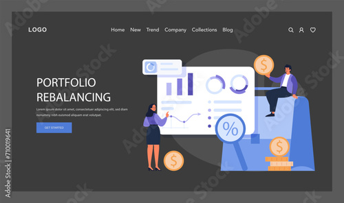 Portfolio Strategy dark or night mode web, landing. Analyzing and adjusting asset distributions to optimize financial performance. Flat vector illustration