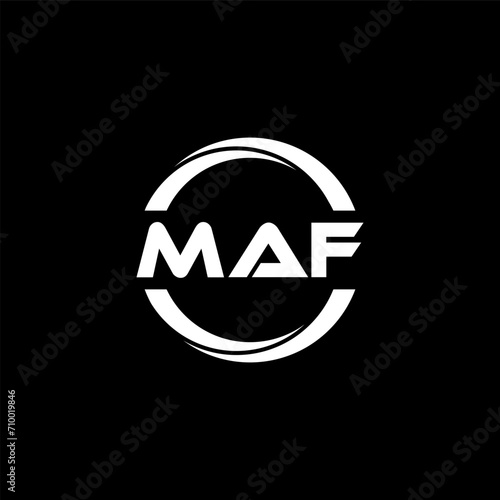 MAF letter logo design with black background in illustrator, cube logo, vector logo, modern alphabet font overlap style. calligraphy designs for logo, Poster, Invitation, etc. photo