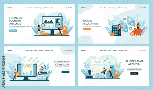 Budget Management set. Visual guide for analyzing, allocating, and evaluating financial strategies. Streamlined fiscal oversight process. Flat vector illustration