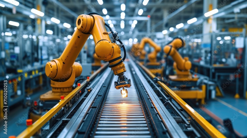 Robotic arm and steel conveyor in assembly car manufacturing factory. Generative AI. Robotic arm and steel conveyor in assembly car manufacturing factory. Generative AI.
