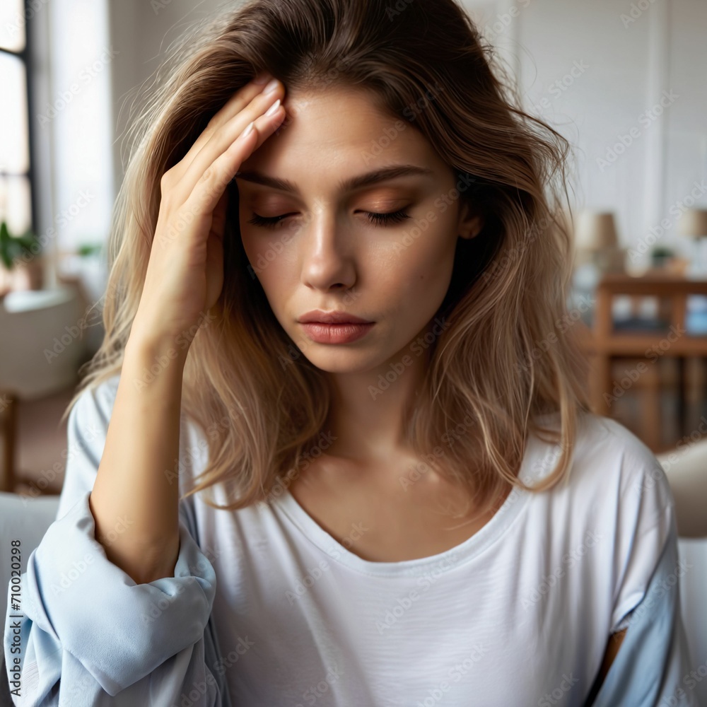 Sick woman with cold or flu at home. Headache, Hay fever, allergy, viral infection, runny nose, influenza, pain, fatigue, feeling tired and ill, migraine, hangover. Holding tissue. Generative AI Sick woman with cold or flu at home. Headache, Hay fever, allergy, viral infection, runny nose, influenza, pain, fatigue, feeling tired and ill, migraine, hangover. Holding tissue. Generative AI