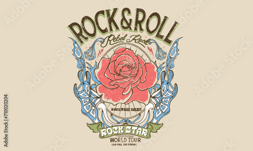 Rose rebel rock artwork. Rock and roll vintage print design. Eagle vector artwork for apparel, stickers, posters, background and others. Music forever artwork. Eagle wing and fire design. Rose design.