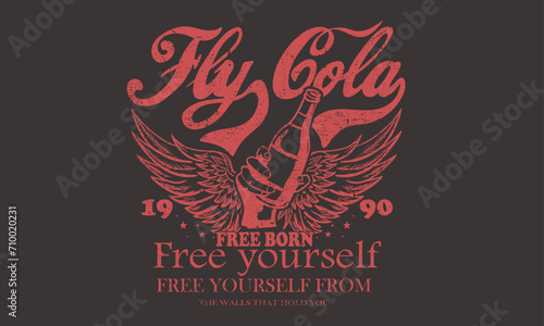Eagle vector artwork for apparel, stickers, posters, background and others. Fly cola drink artwork. Rock and roll vintage print design.  Music forever artwork. Eagle wing and fire design. Rose design. photo