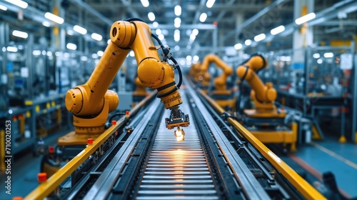 Robotic arm and steel conveyor in assembly car manufacturing factory. Generative AI.