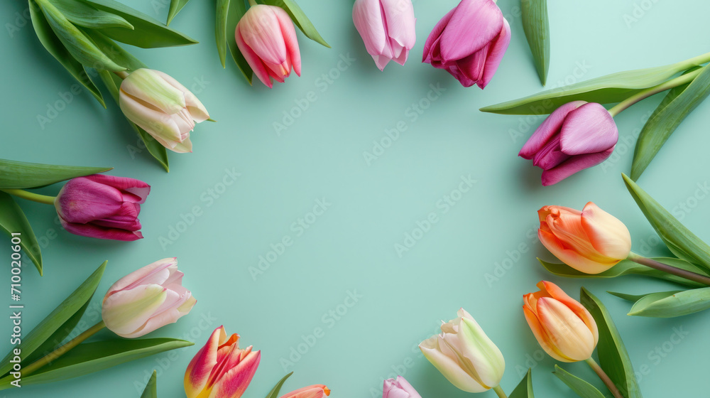 Colourful tulips on a plain background, copy space, woman's day banner, mother's day background Colourful tulips on a plain background, copy space, woman's day banner, mother's day background