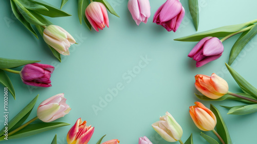 Colourful tulips on a plain background, copy space, woman's day banner, mother's day background © reddish