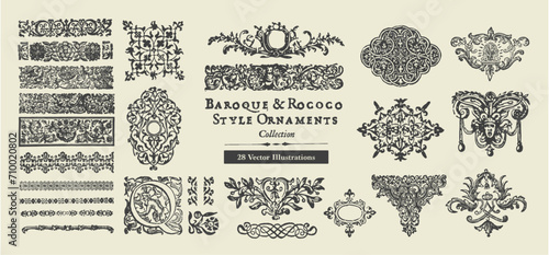 Assorted Collection of 28 Baroque and Rococo Style Ornaments: Intricate Black and White Designs for Elegant Embellishments and Decorative Crafts
