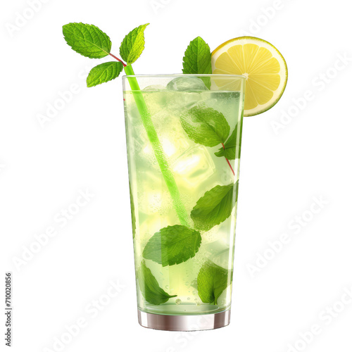 Mojito cocktail, garnished with fresh mint and a slice of lime in a tall glass isolated on transparent background.