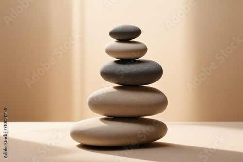 Zen stone composition on a beige background with shadow and sunlight. Balanced stacks of stones evoke tranquility and meditative state