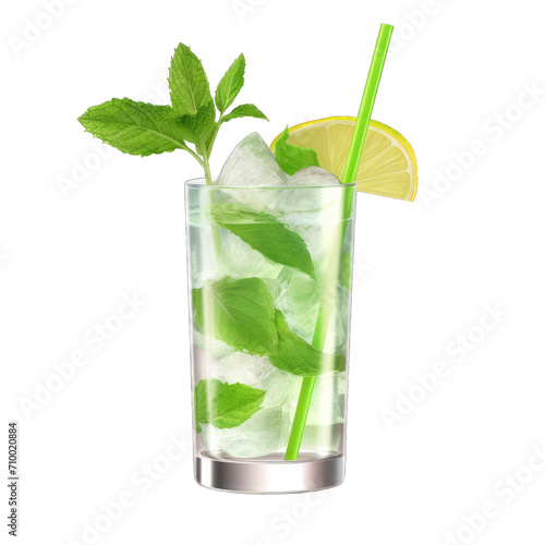 Mojito cocktail, garnished with fresh mint and a slice of lime in a tall glass isolated on transparent background.