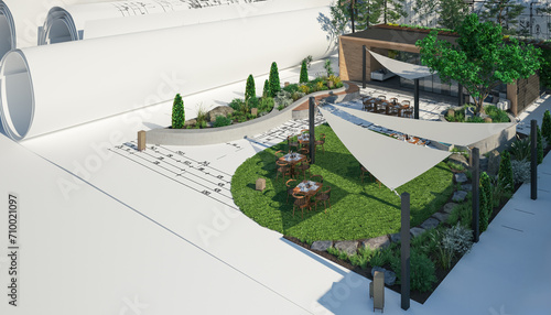 Entwurf eines Restaurants mit Außengastronomie - 3D Visualisierung