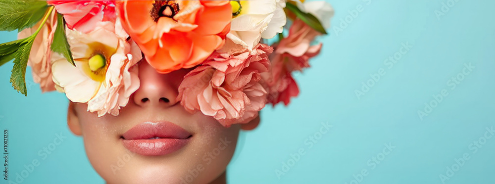 Woman with flowers on her face, spring beauty shot, woman's day banner, copy space 