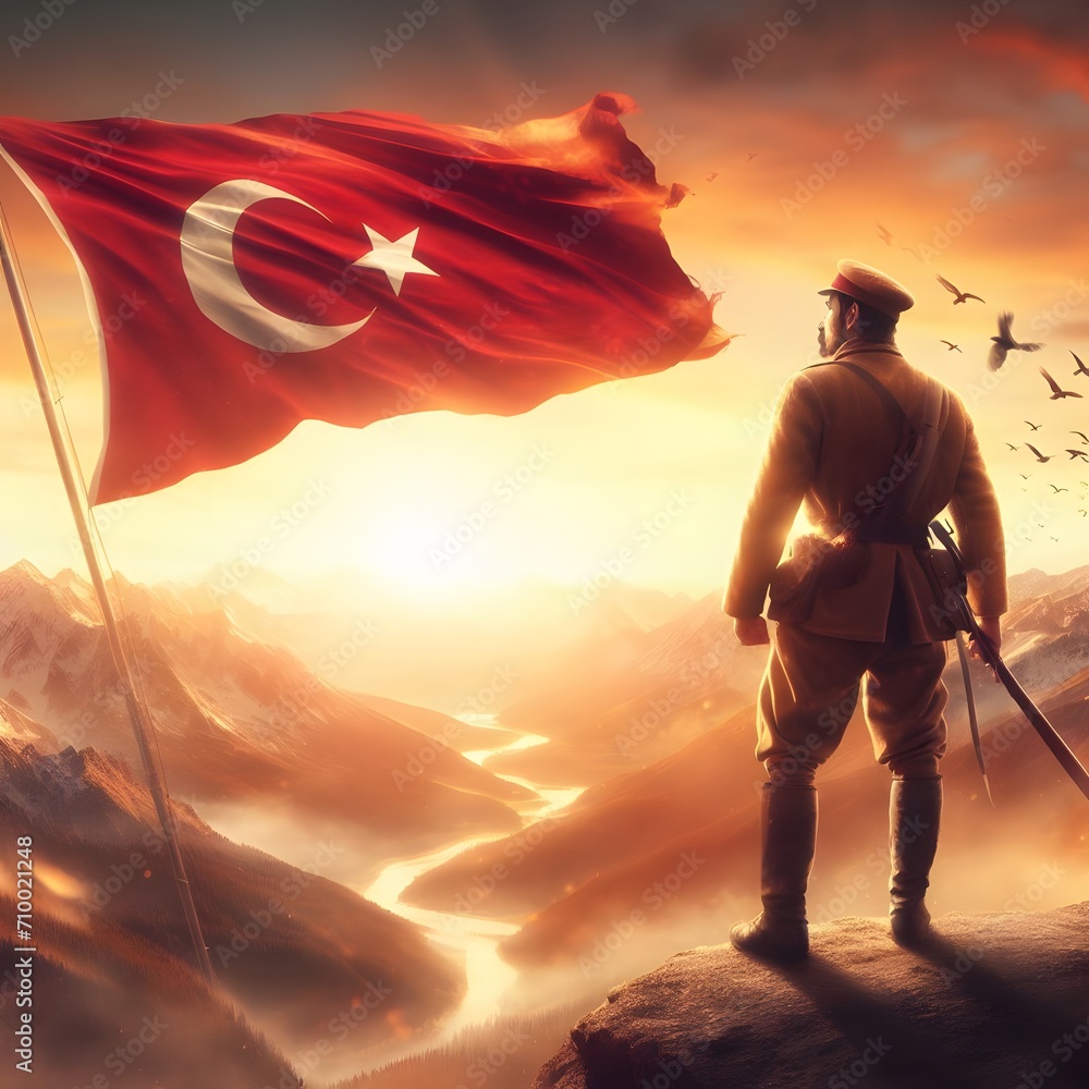Turkish soldier raises flag atop stunning mountain peak, commanding nature's untamed beauty Turkish soldier raises flag atop stunning mountain peak, commanding nature's untamed beauty