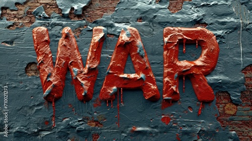 Red 3D inscription "WAR" on a black concrete background. Generative AI.