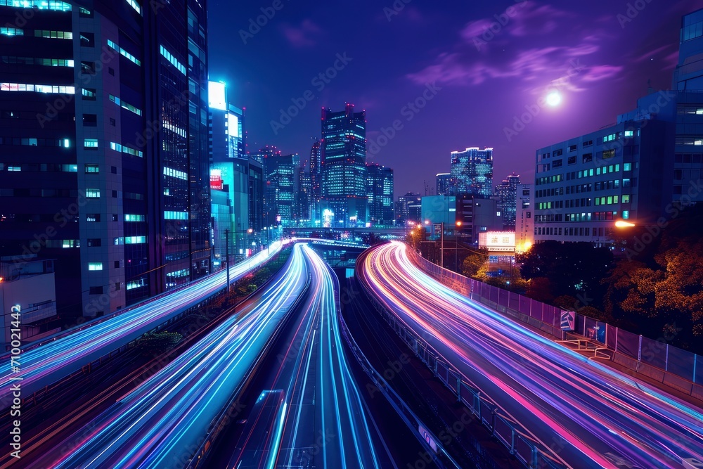 A city with light trails at night