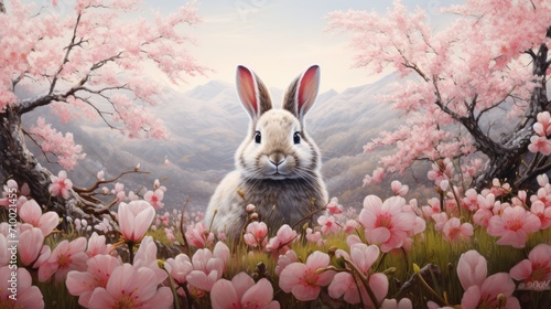 Rabbit in a spring blossom field. Cute rabbit in flower garden 