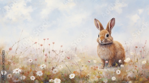 Rabbit in a spring blossom field. Cute rabbit in flower garden  © Ilmi