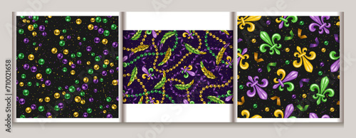 Set of seamless Mardi Gras patterns with random scattered beads, Fleur de Lis sign on black textured background. Vintage illustration for prints, clothing, holiday, surface design