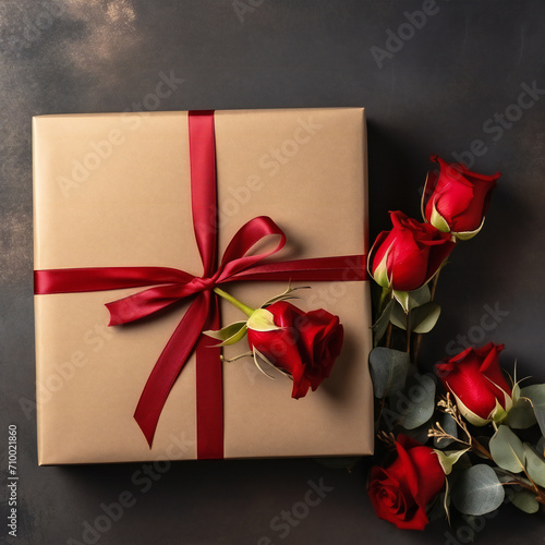 Kraft Gift box with beautiful red ribbon and rose, concept of Valentine's, anniversary, mother's day and birthday greeting, copyspace, topview. Generative AI