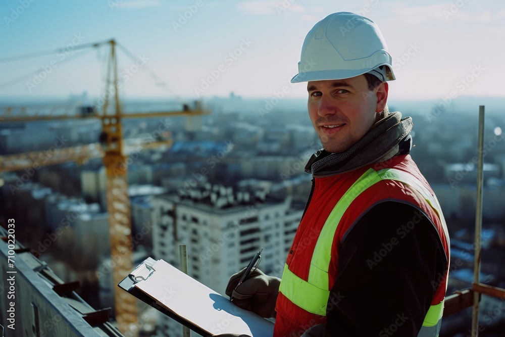 A civil engineer standing on a construction site, The engineer is wearing a safety vest. The construction site is busy with workers, machines, and materials. A civil engineer standing on a construction site, The engineer is wearing a safety vest. The construction site is busy with workers, machines, and materials.