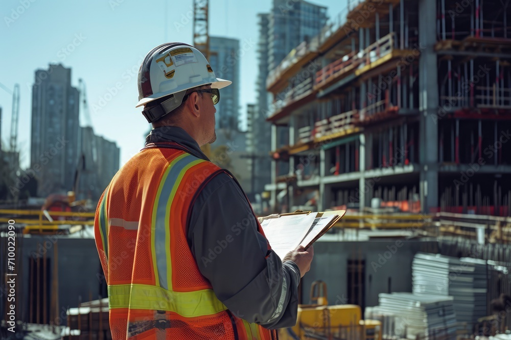 A civil engineer standing on a construction site, The engineer is wearing a safety vest. The construction site is busy with workers, machines, and materials. A civil engineer standing on a construction site, The engineer is wearing a safety vest. The construction site is busy with workers, machines, and materials.