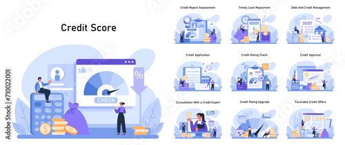 Credit Score Concept. Comprehensive financial health analysis through credit report assessment, timely loan repayment, and effective debt management strategies. Flat vector illustration
