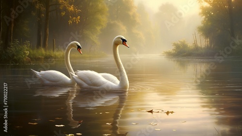 A pair of graceful swans gliding on a tranquil lake.