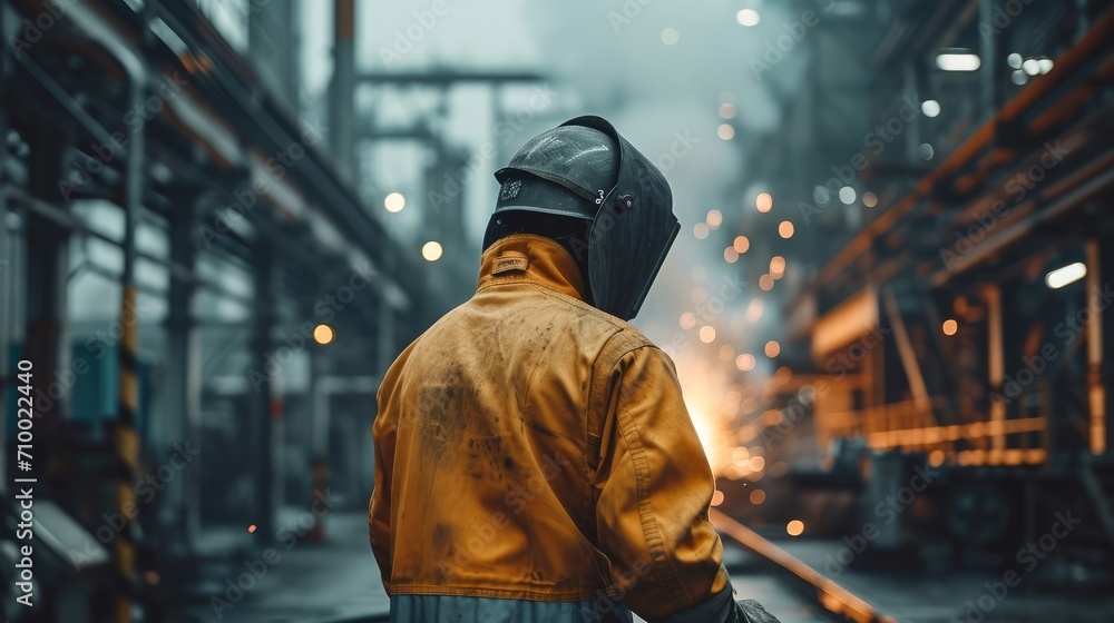 Welder in a protective suit against the background of a metallurgical plant, Portrait, Rear view. Generative AI. Welder in a protective suit against the background of a metallurgical plant, Portrait, Rear view. Generative AI.