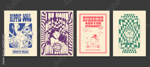 groovy hippie 70s posters with retro cartoons, vector illustration