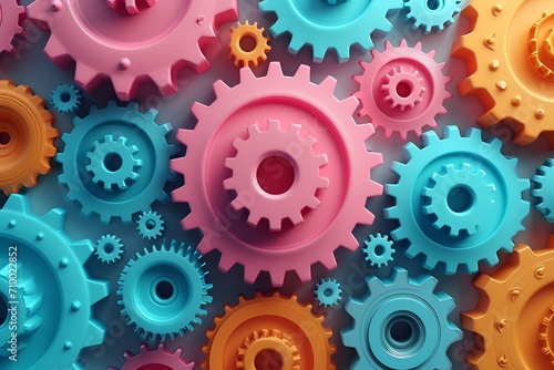 Colorful Gears in Dark Gold and Azure on a White and Pink Background, Featuring Dark Yellow and Orange Tones