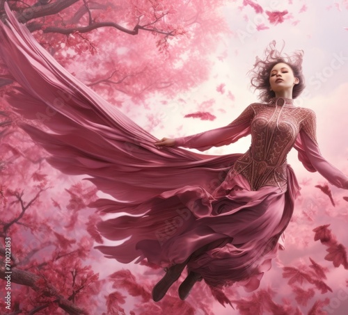Woman in Pink Dress Soaring Through the Air Freedom and Elegance in Generative AI