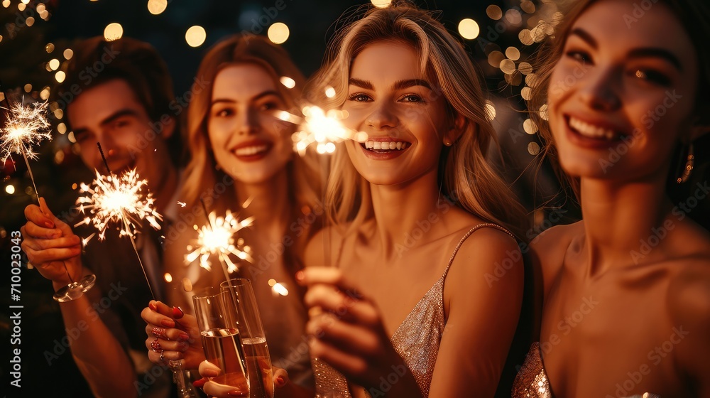 Group of happy people holding sparklers with Champagne at Christmas or New year party and smiling. Generative AI. Group of happy people holding sparklers with Champagne at Christmas or New year party and smiling. Generative AI.