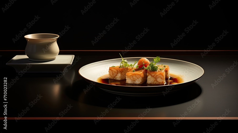 a simmered dish of Manganji togarashi and fried tofu, representing home cooking in Japan, culinary essence with in a modern style, emphasizing clean lines and contemporary aesthetics. a simmered dish of Manganji togarashi and fried tofu, representing home cooking in Japan, culinary essence with in a modern style, emphasizing clean lines and contemporary aesthetics.
