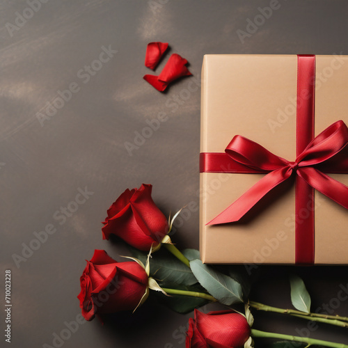 Kraft Gift box with beautiful red ribbon and rose, concept of Valentine's, anniversary, mother's day and birthday greeting, copyspace, topview. Generative AI